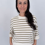 Juniper Striped Top in ivory and olive stripe cotton knit with crew neckline, short sleeves, and relaxed boxy fit