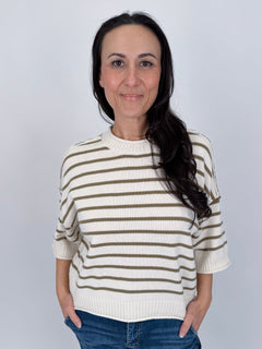 Juniper Striped Top in ivory and olive stripe cotton knit with crew neckline, short sleeves, and relaxed boxy fit
