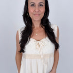 If You Wish Lace Detail Blouse in ivory with lace overlay bodice, tie front sweetheart neckline, crochet waist trim, and ribbed peplum hem
