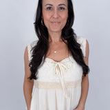 If You Wish Lace Detail Blouse in ivory with lace overlay bodice, tie front sweetheart neckline, crochet waist trim, and ribbed peplum hem