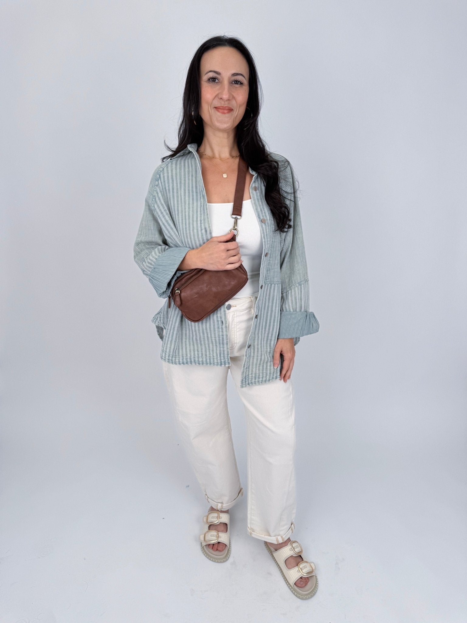 Beverly Striped Button Up Top in sage and ivory stripe with wooden button front, collared neckline, and roll tab cuffs