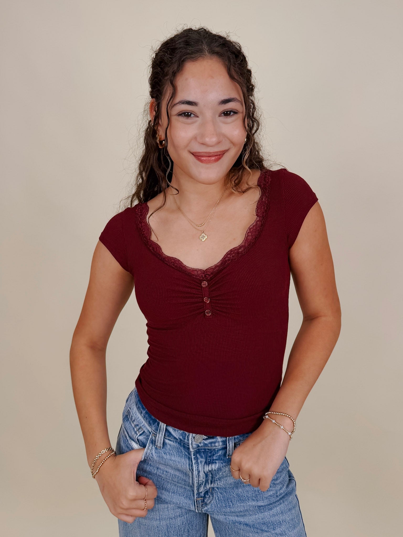 Maelle Lace Trim Henley Knit Top - PAPER DOLL