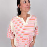 To See You Smile Stripe Top in pink multi stripe with ivory contrast panels, notch neckline, and relaxed boxy fit
