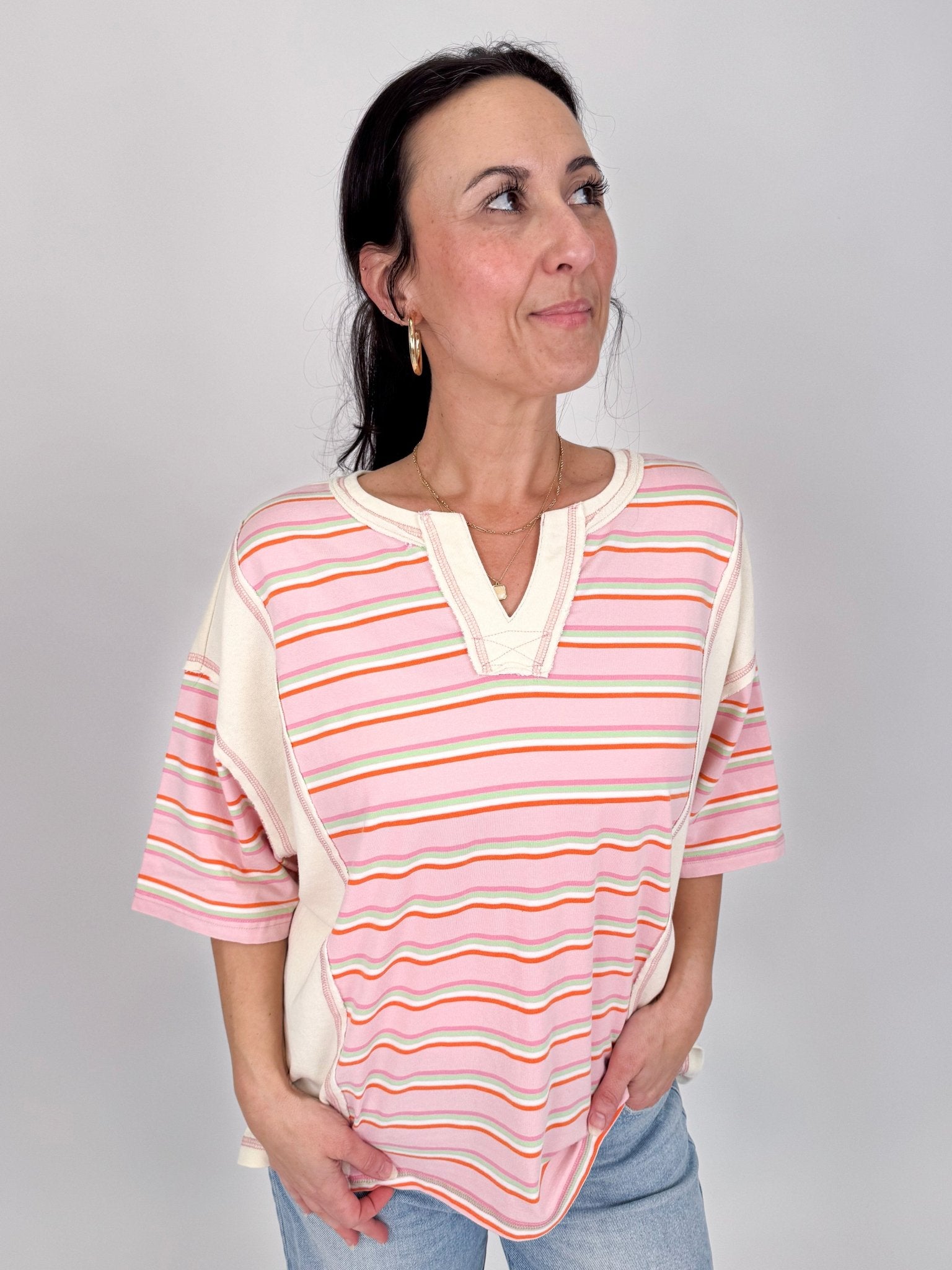 To See You Smile Stripe Top in pink multi stripe with ivory contrast panels, notch neckline, and relaxed boxy fit