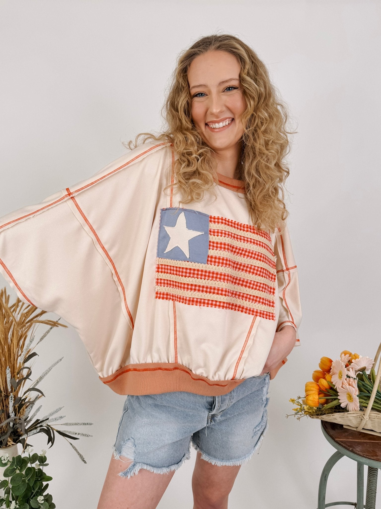 Free Bird Boho Knit Top with cream knit and gingham American flag appliqué — Paper Doll
