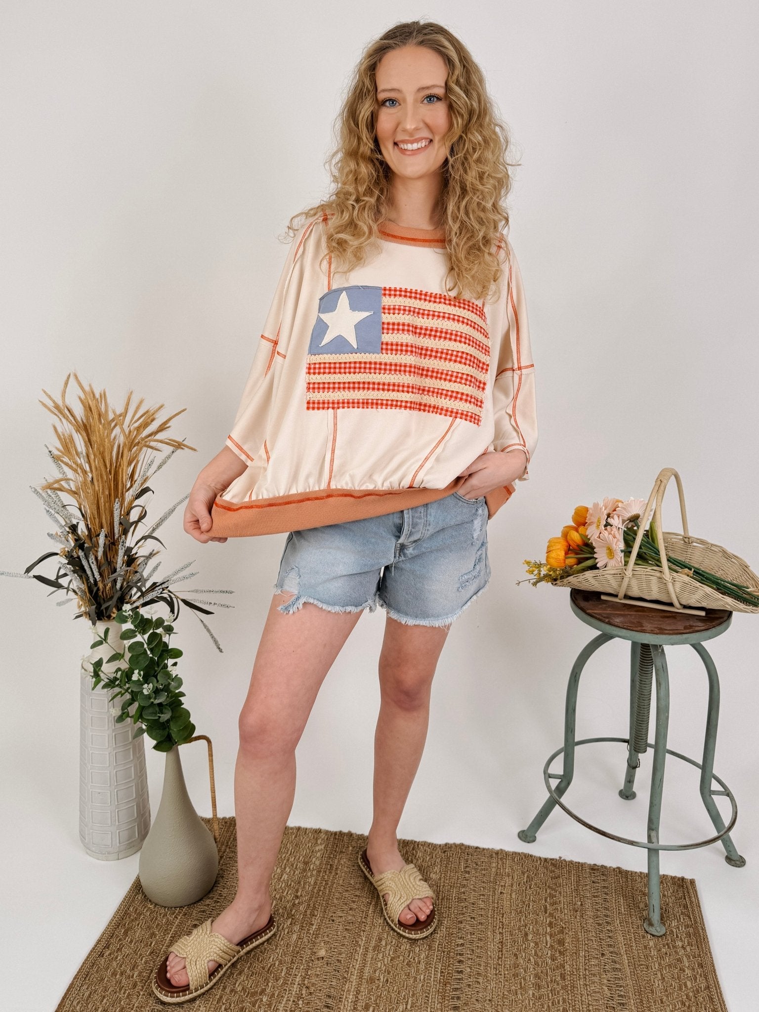 Free Bird Boho Knit Top with cream knit and gingham American flag appliqué — Paper Doll
