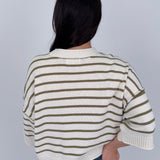 Juniper Striped Top in ivory and olive stripe cotton knit with crew neckline, short sleeves, and relaxed boxy fit