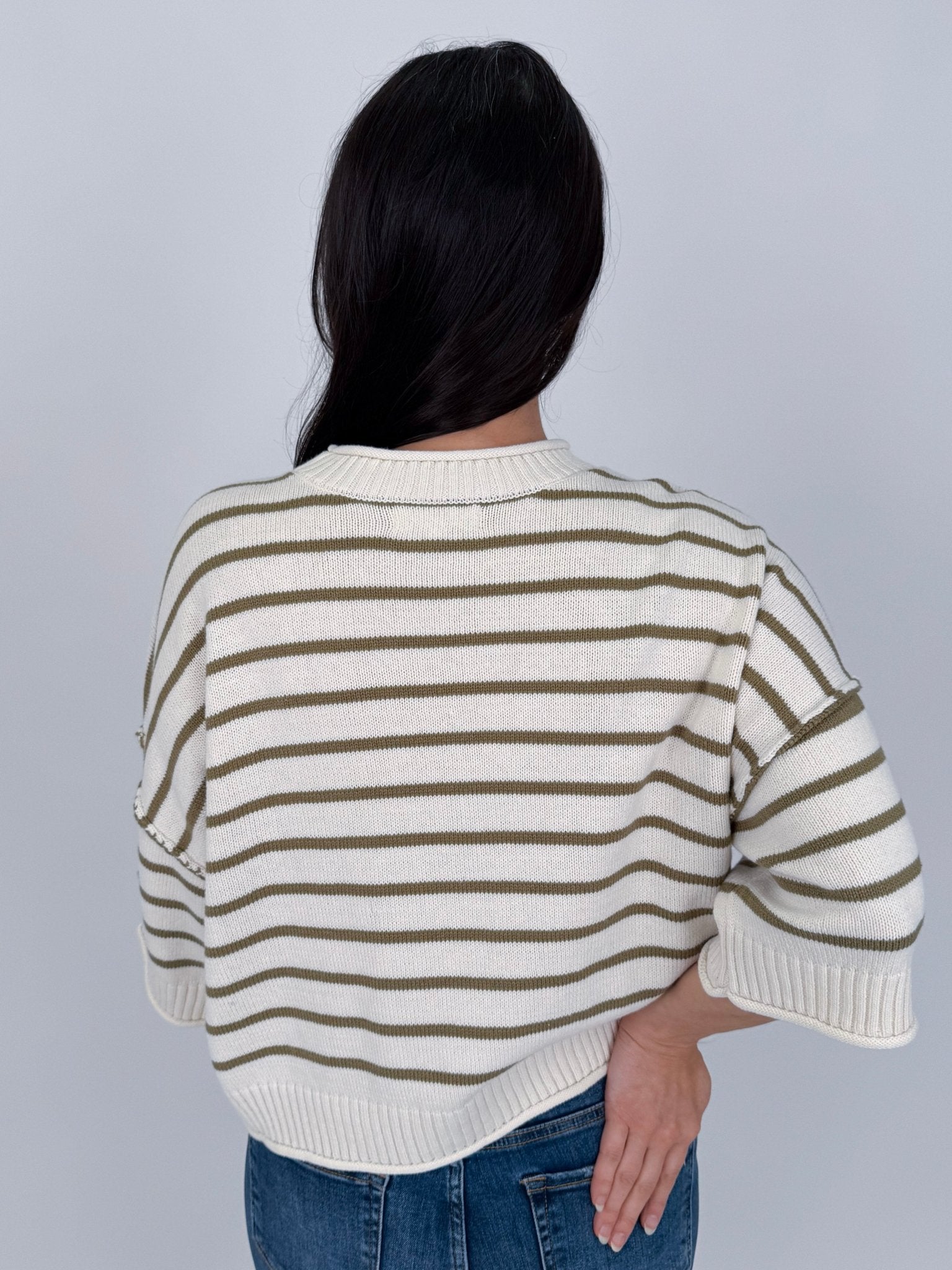 Juniper Striped Top in ivory and olive stripe cotton knit with crew neckline, short sleeves, and relaxed boxy fit