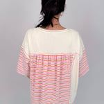 To See You Smile Stripe Top in pink multi stripe with ivory contrast panels, notch neckline, and relaxed boxy fit