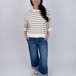 Juniper Striped Top in ivory and olive stripe cotton knit with crew neckline, short sleeves, and relaxed boxy fit