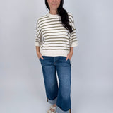 Juniper Striped Top in ivory and olive stripe cotton knit with crew neckline, short sleeves, and relaxed boxy fit