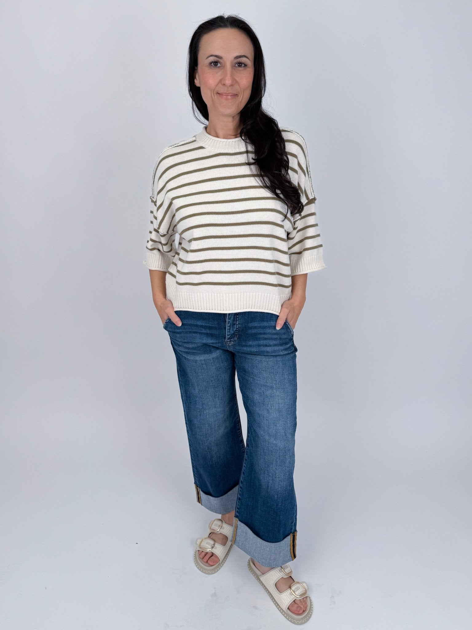 Juniper Striped Top in ivory and olive stripe cotton knit with crew neckline, short sleeves, and relaxed boxy fit