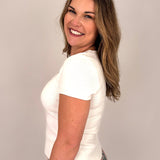 Thea Square Neck Top in ivory with ribbed knit and square neckline — Paper Doll