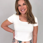 Thea Square Neck Top in ivory with ribbed knit and square neckline — Paper Doll